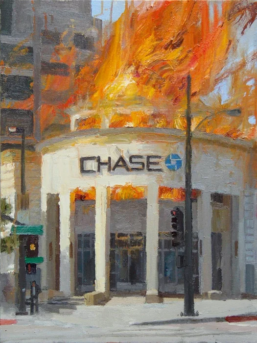 The painting of Chase Bank on fire by Alex Schaefer